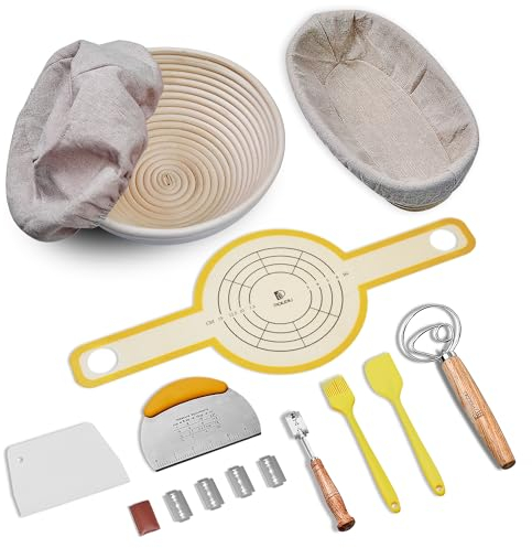 Sourdough Bread Baking Set, 10 Inch Oval & 9 Inch Round Banneton Bread Proofing Baskets with Linen Liner, Silicone Bread Sling, Danish Dough Whisk, Dough Scraper Kit, Silicone Brush & Spatula