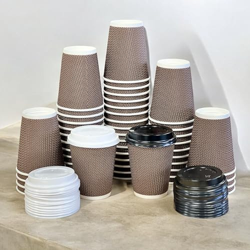 HOT BARGAINS 8oz Paper Coffee Cups with Reusable Lids 100-Pack, Triple-Layer Ripple Wall, 230ml Disposable Cups for Hot and Cold Drinks (Brown & White)