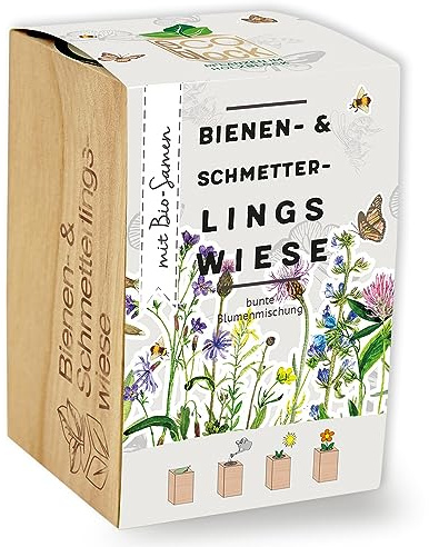 Feel Green ecoblock Bienen- & Schmetterlingswiese, Bio Samen, Nachhaltige Geschenkidee (100% Eco Friendly), Grow Your Own/Anzuchtset, Pflanzen im Holzblock, Made in Austria