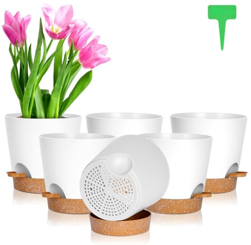 OFFCUP Plant Pots, 6pcs Plastic Plant Pots, 16.5cm Self Watering Plant Pots with Drainage Holes, Saucers and Reservoir, Suitable for Plants Indoor Modern Fashion Decorative Plastic Plant Pots (White)