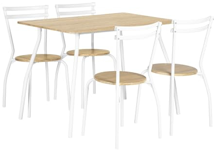 FURNITABLE Essgruppe 5-teilig,Esszimmergruppe Rechteckig Esstisch mit 4 Stühlen Set, Küchentisch-Set, Wohnzimmertisch Holztisch, Bistro-Set Sitzgruppe platzsparend, Weiß-Natur