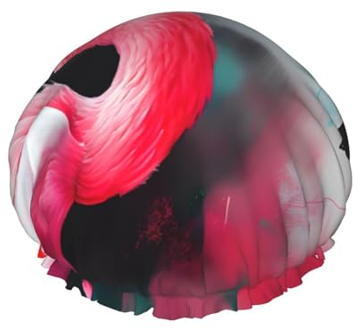 Wiederverwendbare Duschhaube mit Flamingo-Druck, doppelte wasserdichte Schichten, Badehut, schnell trocknende Badekappe
