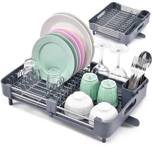 Urackify Erweiterbares Abtropfgestell, Faltbares Edelstahl Geschirrabtropfgestell mit Abnehmbarem Besteckhalter, Kratzfestem Teller-Gestell, Schwenkbarem Auslauf,Dunkelgrau