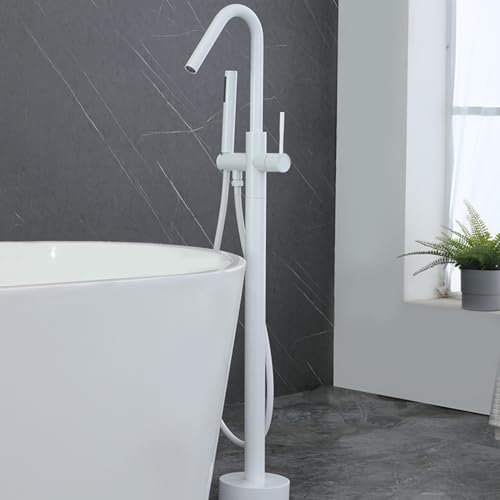 BiaoTeng Freistehende Badewanne Mit Armatur Weiß Einhebelmischer Messing Armatur FüR Freistehende Badewanne Badewannenarmatur Bodenmontage, Weiß
