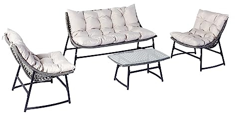Concepto de fábrica | Salón de jardín bajo de 4 plazas | GUAHANA gris | Resina de aspecto ratán trenzado | Estructura de acero | Cojines grandes 14 cm Ultra Confort | Sofá + 2 Sillones + Mesa baja