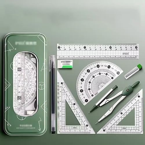 Mathe-Set, Winkelmesser-Set, Mathe-Geometrie-Set, 8-teilig, mit Aufbewahrungsbox, Schülerbedarf, Zeichenkompass, inklusive Winkelmesser, Linealen, Zirkel, Anspitzer, Minenminen, Bleistift, Radiergummi