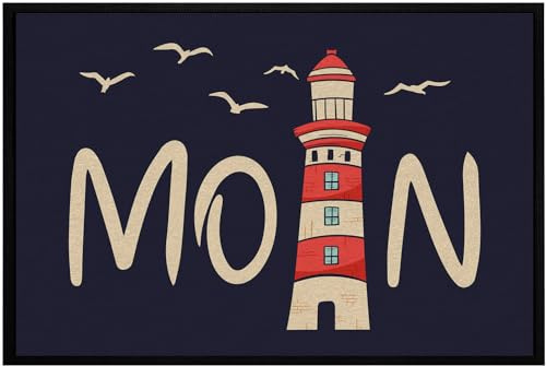 OM3® lustige Fußmatte mit Spruch - Moin mit Leuchtturm - norddeutsch - Willkommen - rutschfest & waschbar - 60x40cm -