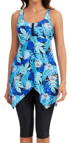ECUPPER Women Plus Size Tankini Swimsuits Two Piece Swim Dress Modest Skirted Bathing Suit Flowy Swim Top with Capris Shorts Blue Leaf XL