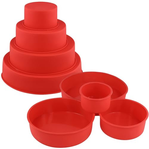 HEIHAK 8 PCS Red Silicone Cake Tins, 4 Sizes Round Cake Trays, Non-Stick Silicone Baking Trays for Cake Baking Making 10 15 20 25 cm
