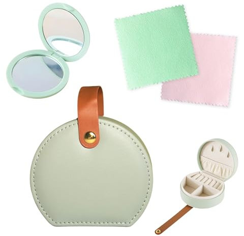 Joyero de Viaje con Espejo y Toallitas Limpiajoyas, Pequeño Organizador de Joyas para Mujer, Compacto y Seguro (Verde Menta)
