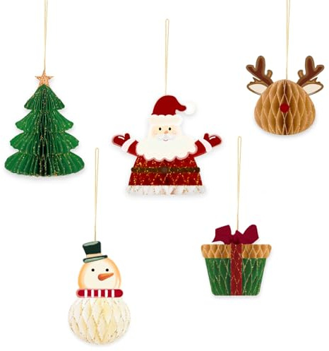 NICROHOME EUR 5 Stück Glitzer Waben Weihnachten Hängende Dekorationen | Papier Wabenanhänger mit Glitzerrand, Magnethaftung, Weihnachtsmann Baum Elch Schneemann Geschenkbox für Weihnachten Neujahr