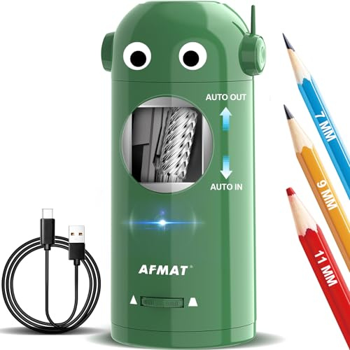 AFMAT Temperamatite elettrico per matite colorate da 7 a 11,5 mm, auto in entrata e uscita, robot completamente automatico, ricaricabile, con contenitore, per matite grandi, casa, aula, funzionamento