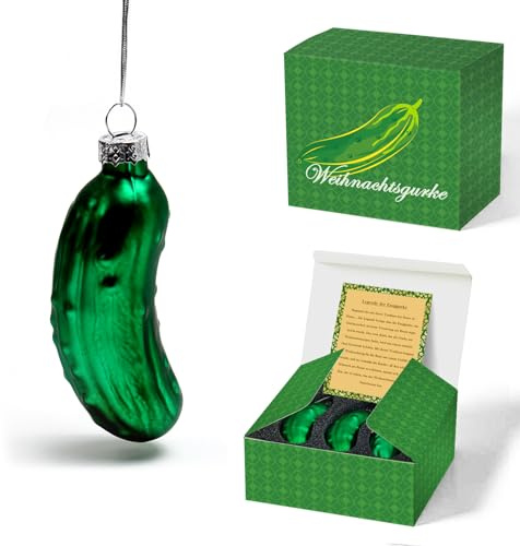 VOPIWOZ 3 st Gurke Weihnachtsschmuck, Weihnachtsgurke mit Silberseil, Traditionelle Lustige Weihnachtsdeko, Eine Karte mit der Legende der Gurke, Geschenkkarton Gurke Charms für Christbaumschmuck Glas