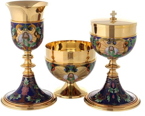 Holyart Kelch, Ziborium, Hostienschale, Messing emailliert, Guter Hirte, Kelch