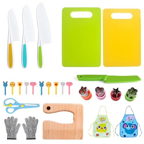 Kindermesser, Kinder Küchenset, 25 Stück kinder Küchenmesser Set, Kinder Sicherheit Kochmesser zum Schneiden und Kochen von Obst, Enthält Holzmesser Schneidebrett Geburtstag Geschenk