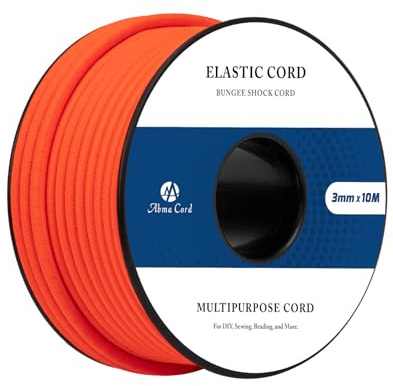 Abma Cord Cuerda Elástica 3mm x 10m Hilo Elástico Redonda Cordón Elástico Cuerda de Goma para Manualidades, Sombreros de Fiesta, Costura, Abalorios, Camping - Naranja Neón