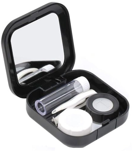 ZDHSOY Contact Lens Case with Mirror - Contact Lens Box Holder Container, Outdoor Mini Contact Lens Soak Storage Kit with L and R Caps for Travel & Home (Black)