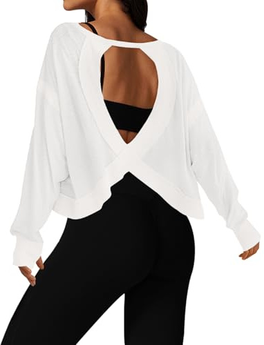 UNIANKIYA Open Back Workout Tops for Women Long Sleeve Cropped Athletic Clothes Gym Running Yoga Low Impact Sports T Shirts White