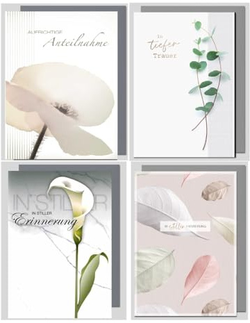 Michel Verlag 4er Set Trauerkarten Set Beileidskarten mit Umschlag - Hochwertig - Kondolenzkarte Beileid Trauer - Klappkarten als Set - MADE IN GERMANY (Blumen)