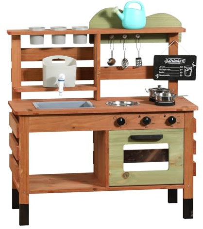 WoodenFun Cuisine de jeu d'extérieur pour enfants avec tableau, bouilloire, évier, récipient pour plantes en bois, cuisine pour enfants (vert)