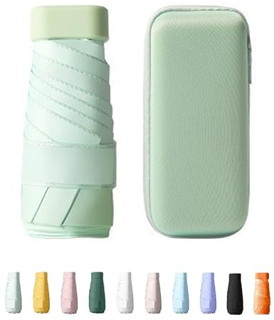Yanrunce Mini Paraguas Plegable Con Estuche, paraguas de bolsillo, Mini Paraguas de Viaje, Protección UV, Protección Solar, paraguas plegable antiviento de 6 Costillas con organizador (Verde menta)