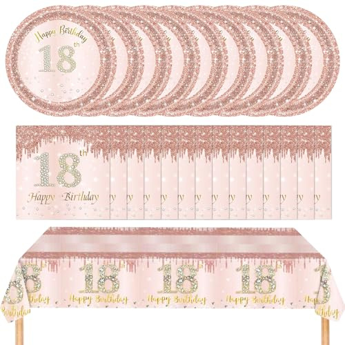 41 Pcs 18th Birthday Rose Gold Party Tableware Decorations Set for Girls | Includes Happy Birthday Tablecloth Paper Plates Napkins Dinnerware Supplies for Her Theme Party Table Setting (18th Birthday