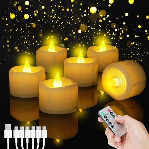 Buudala Velas LED Calientaplatos con Función de Temporizador, 6 Velas Regulables con Cable de Carga USB-C 6 en 1 y Control Remoto, Recargables para Decoración de Halloween, Navidad y Fiestas