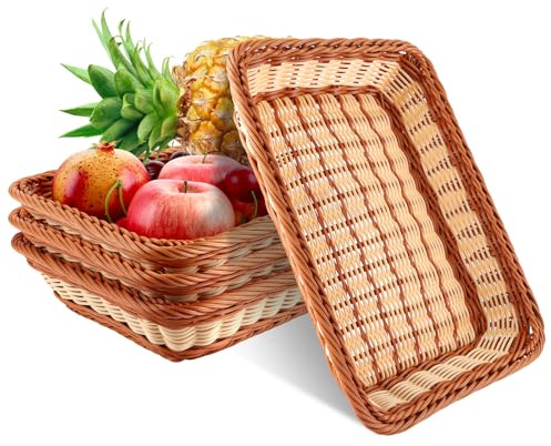 DAJAVE Cesta para pan, cesta de mimbre trenzada de mimbre, cesta tejida de mimbre para almacenamiento de verduras, frutas, pan, alimentos, cocina en casa, restaurante (marrón y blanco, 4 unidades de