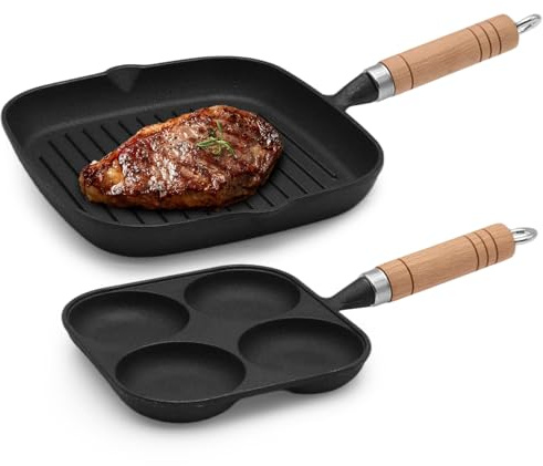 KATLKIU Sartén grill 23×23 cm + sartén de 4 cavidades – Juego de 2 piezas en aluminio fundido con mango de madera, recubrimiento antiadherente, ideal para bistec, huevos, pancakes y desayuno