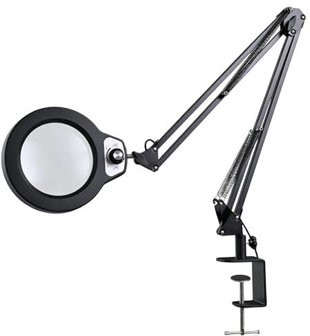 Lampada con lente d’ingrandimento in vetro grande 125 mm (5 diottrie), braccio snodabile extra lungo fino a 100 cm, morsetto in acciaio 6,4 cm, anello LED regolabile, alimentatore 12 V
