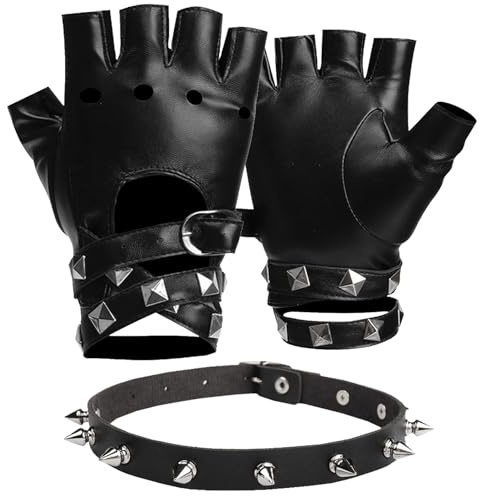 AUNGCSHE Goth Handschuhe Fingerlos und Gothic Choker Kette, PU Leder Punk Fingerless Gloves Damen für Rocker Outfit Damen, Gothic Kleidung, y2k Accessoires, Karneval Kostüm