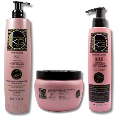 Keragold KG Pro – Trio BH Boucles – Shampoing Sans Sulfates, Masque Hydratant & Gelée Définition | Kératine, Huile d’Avocat & Phyto-Céramides | Nutrition, Anti-Frizz & Définition