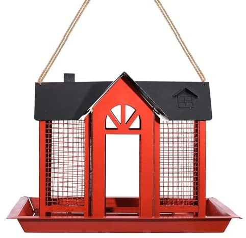 Opatiny Vogelfutterstation aus Metall mit großem Fassungsvermögen, mit Haus-Design, für Garten, Terrasse und Baum, wetter- und eichhörnchensicher, rot oder weiß