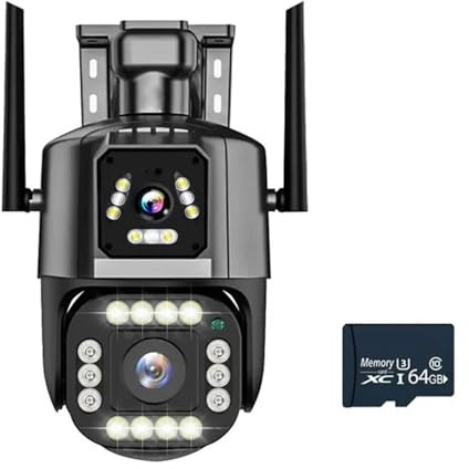 BINGNU Telecamere di sicurezza, Telecamera IP 4G/WiFi 4MP 4K Doppio obiettivo schermo Monitor di rete Smart Home Telecamere CCTV PTZ for esterni Protezione sicurezza per la casa(WiFi Cam 64GB Card)