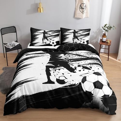 SJSXWQN Funda Nordica Cama 150 Negro Balones De FúTbol Edredon Cama 150 para Niños Adultos con Cremallera Suave Transpirable Microfibra Fundas Nordicas 240x220 cm + 2 Fundas de Almohada 50x80 cm