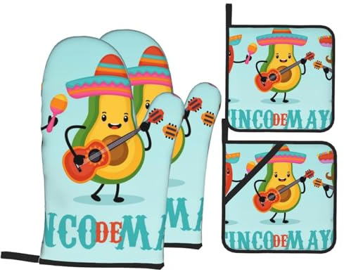 Cinco De Mayo Mexican Oven Mitts and Pot Holders 4 Pcs Set,High Heat Resistant 500 Degree Extra Thicken Long Kitchen Cotton Oven Glove for Cooking