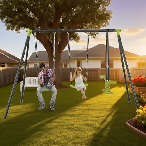 Balançoire Extérieur pour Enfants et Adultes, Portique Balancoire Metallique 3 Places avec 440 lbs (200 kg), Structure de Jeux Exterieur avec Sieges Face-à-Face, Jeux de Jardin pour Enfants dès 3 Ans
