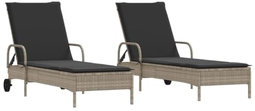 Mhdvray Set di 2 sedie a sdraio con ruote, pieghevole e schienale regolabile in 3 posizioni, in rattan sintetico, grigio chiaro, 61 x 161 x 87 cm, per balcone, terrazza e piscina