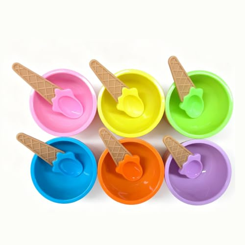 Leislam 6 Pcs Reusable Plastic Ice Cream Bowls Spoons, Multicolor | Colorful Dessert Cups for Gatherings, Parties Picnics & Everyday Serving