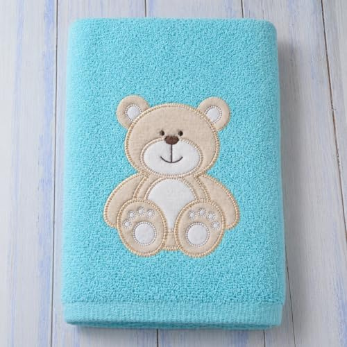 Personalisiertes Kinderhandtuch aus Baumwolle mit Name Wunschtext Motiv 3D Applikation oder Stickerei weich saugfähig waschbar bis 60 °C Geschenk für Mädchen und Jungen (Aqua - Blau, 70x140 cm)