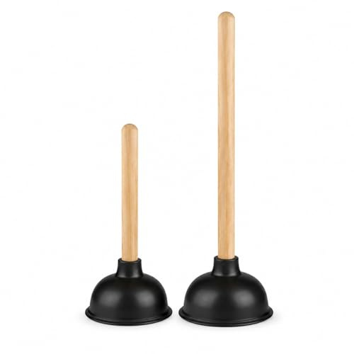 2-Piece Heavy Duty Plunger Set – Toilet & Sink Drain Unblocker – Strong Suction Rubber Plungers with Thick Wooden Handles – 50cm & 30cm Multi-Purpose Bathroom & Kitchen Cleaner