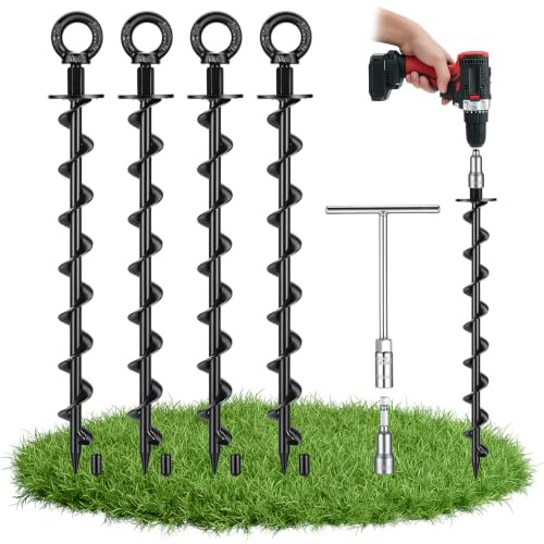 HUIGULI Piquet Ancrage au Sol pour Trampoline et Balançoire, Lot de 4 | Acier Résistant, Avec Adaptateur Perceuse, Ancrage Solide, Forte Résistance au Vent, Tente, Voile d'Ombrage
