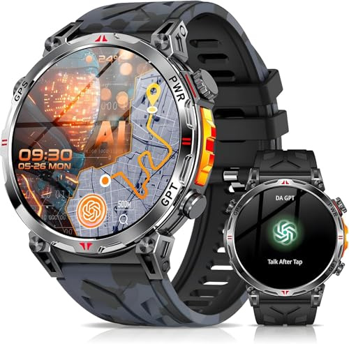 Mingdaln Reloj Inteligente Militar con GPS/brújula, Reloj Inteligente con Asistente de Voz GPT, Pantalla AMOLED de 1,56 para, Compatible con Android y iOS, múltiples Modos Deportivos (Negro)