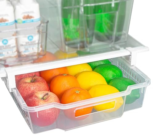 Smart Design Adjustable Pull Out Refrigerator Drawer - Extra Large - BPA Free Plastic - Holds 20 lbs - Extendable Sliding Fridge Bin, Freezer, Pantry Food Holder Storage Organizer - Kitchen - Clear