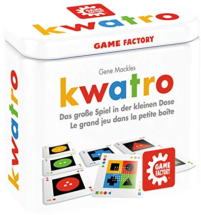 GAMEFACTORY 646195 Kwatro, Mini-Kartenspiel in handlicher Metalldose, Legespiel-Mix für Kinder und Erwachsene, Reisespiel