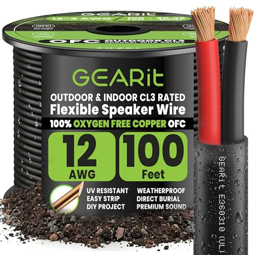 GearIT Câble d'enceinte 12/2 (30,5 m) Calibre 12 AWG – Enterrage direct extérieur dans le sol/dans le mur/Classé CL3 CL2 / 2 conducteurs – Cuivre sans oxygène OFC, noir, 30,5 m