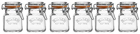 Kilner Gewürzgläser 6er-Set, 70 ml, Bügelverschluss, Holzständer | quadratische Vorratsgläser, Edelstahlverschluss, luftdicht, spülmaschinengeeignet, Gummidichtung