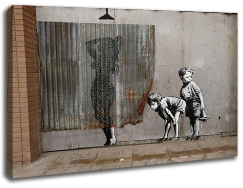 Banksy - Mädchen Dusche 50x70cm - Bilder Leinwanddrucke/Wandbilder Street Art Graffiti Kunstdruck 2cm (div. Varianten/Größen) - Leinwandbild Wandbild/fertig aufgespannt/fertig zum aufhängen
