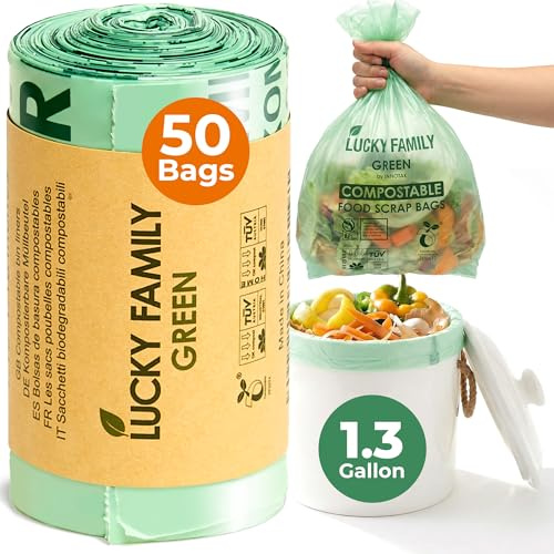 Compostable Trash Bags for Kitchen Compost Bins – 1.3 Gallon Small Compost Bags for Countertop Bin, Green Compostable Bags, BPI Certified ASTM D6400, Leak-Resistant Food Waste Bags (50 Count)