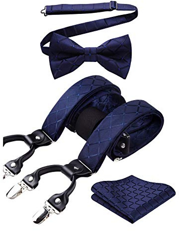 HISDERN Tirantes Hombres Tartán Azul Marino en Forma de Y con 6 Clips Conjunto de Tirante y Pajaritas Ajustables para Hombre